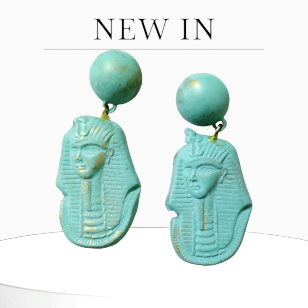 Pharaoh Earrings! Turquoise w 2" Dangle! Solid Wooden Feel!